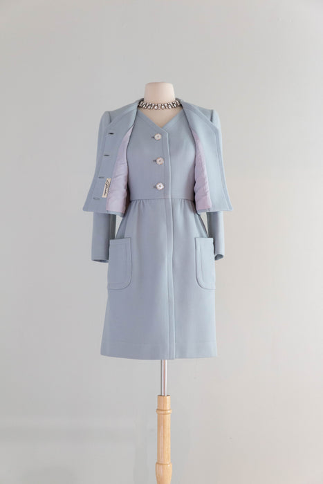 Iconic 1960's Powder Blue Wool Dress & Matching Jacket Set By Ginala / S