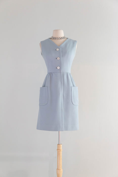 Iconic 1960's Powder Blue Wool Dress & Matching Jacket Set By Ginala / S