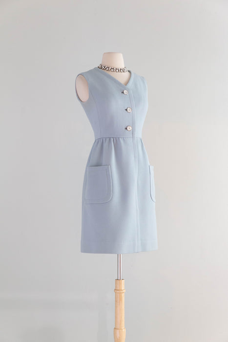Iconic 1960's Powder Blue Wool Dress & Matching Jacket Set By Ginala / S