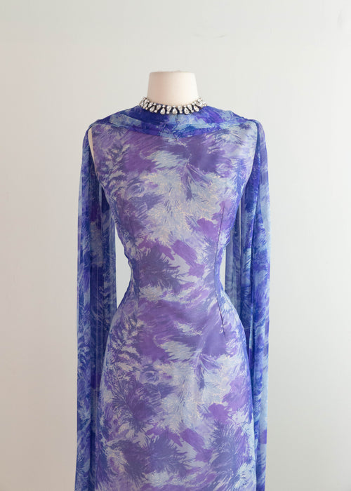 Glamorous Late 50's Silk Chiffon Cocktail Dress In An Abstract Blue Watercolor Print / M