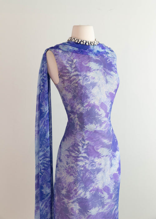 Glamorous Late 50's Silk Chiffon Cocktail Dress In An Abstract Blue Watercolor Print / M