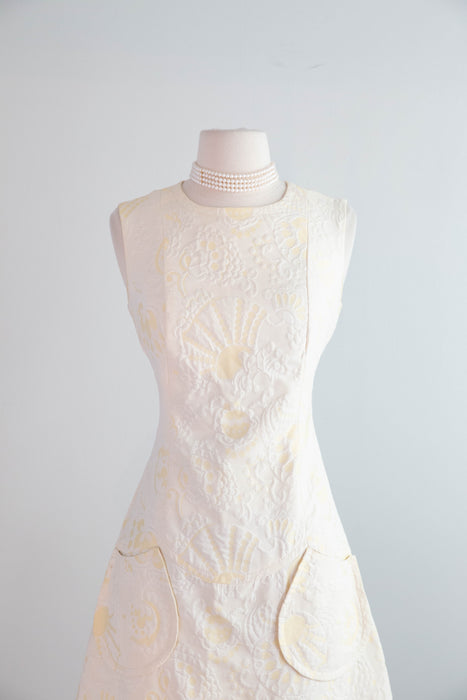 Adorable 1960's Butter Yellow Brocade Mod Shift Dress With Pockets / SM