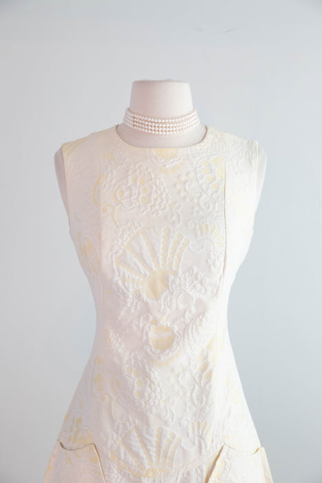 Adorable 1960's Butter Yellow Brocade Mod Shift Dress With Pockets / SM