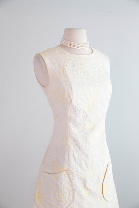 Adorable 1960's Butter Yellow Brocade Mod Shift Dress With Pockets / SM