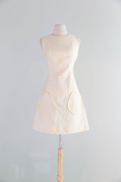 Adorable 1960's Butter Yellow Brocade Mod Shift Dress With Pockets / SM