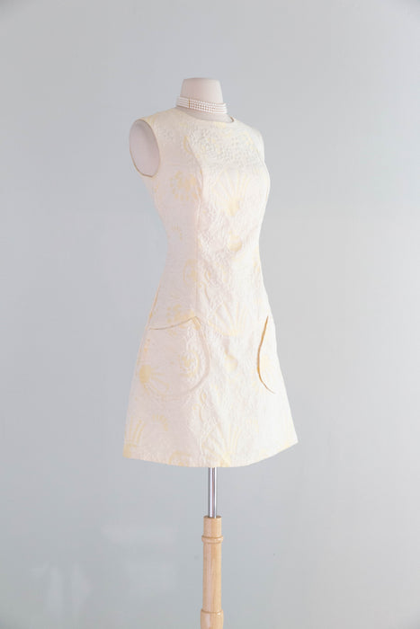 Adorable 1960's Butter Yellow Brocade Mod Shift Dress With Pockets / SM