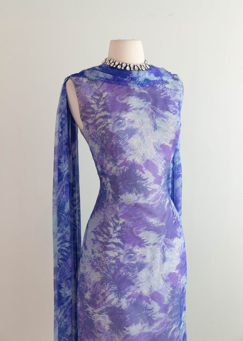 Glamorous Late 50's Silk Chiffon Cocktail Dress In An Abstract Blue Watercolor Print / M