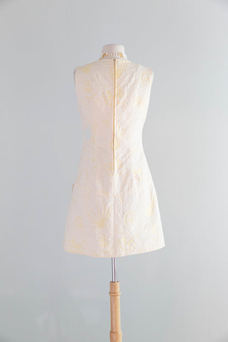 Adorable 1960's Butter Yellow Brocade Mod Shift Dress With Pockets / SM