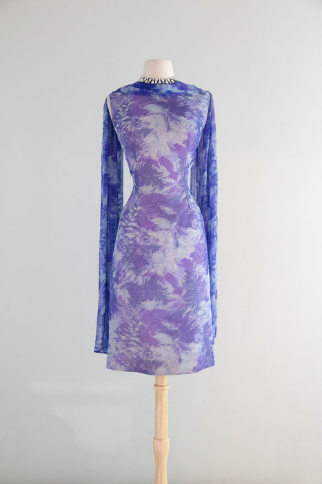Glamorous Late 50's Silk Chiffon Cocktail Dress In An Abstract Blue Watercolor Print / M