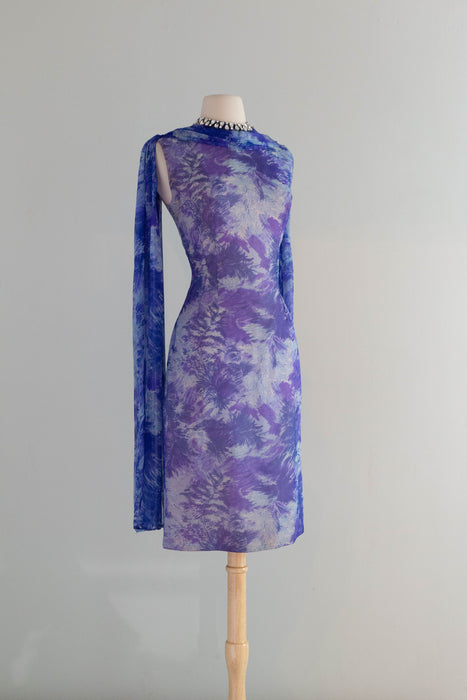 Glamorous Late 50's Silk Chiffon Cocktail Dress In An Abstract Blue Watercolor Print / M
