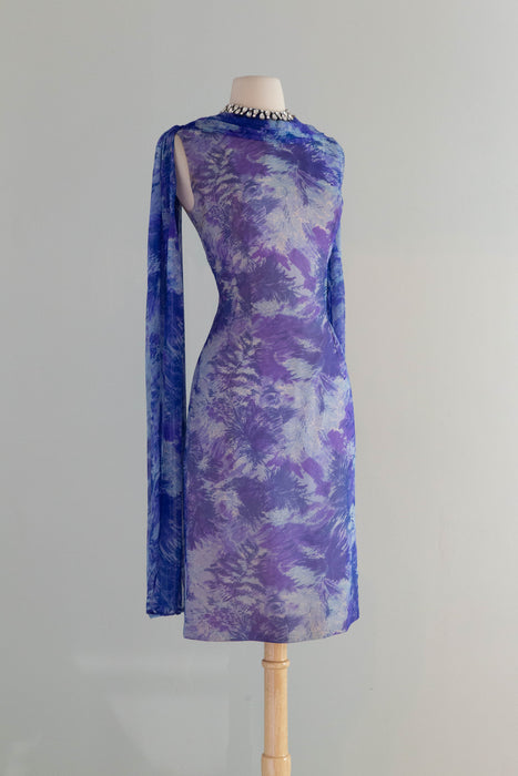 Glamorous Late 50's Silk Chiffon Cocktail Dress In An Abstract Blue Watercolor Print / M