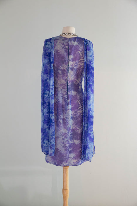 Glamorous Late 50's Silk Chiffon Cocktail Dress In An Abstract Blue Watercolor Print / M