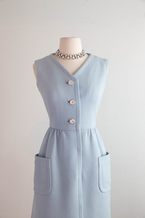 Iconic 1960's Powder Blue Wool Dress & Matching Jacket Set By Ginala / S