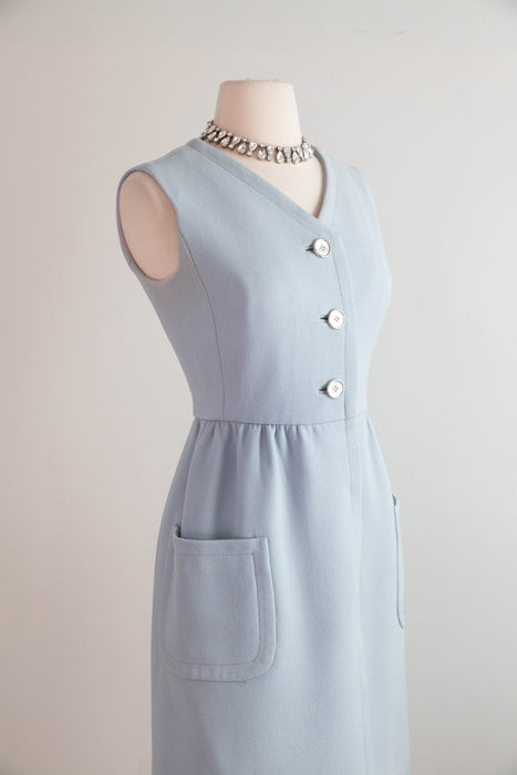 Iconic 1960's Powder Blue Wool Dress & Matching Jacket Set By Ginala / S