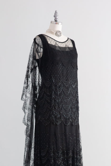 Elegant 1920's Chanel Inspired Black Lace Flapper Dress With Sequins / SM