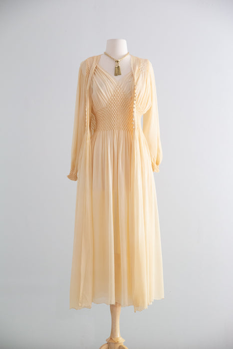 Incredible 1930's Honeycomb Smocked Two Piece Silk Chiffon Peignoir Set / SM