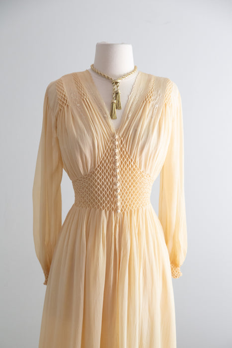 Incredible 1930's Honeycomb Smocked Two Piece Silk Chiffon Peignoir Set / SM