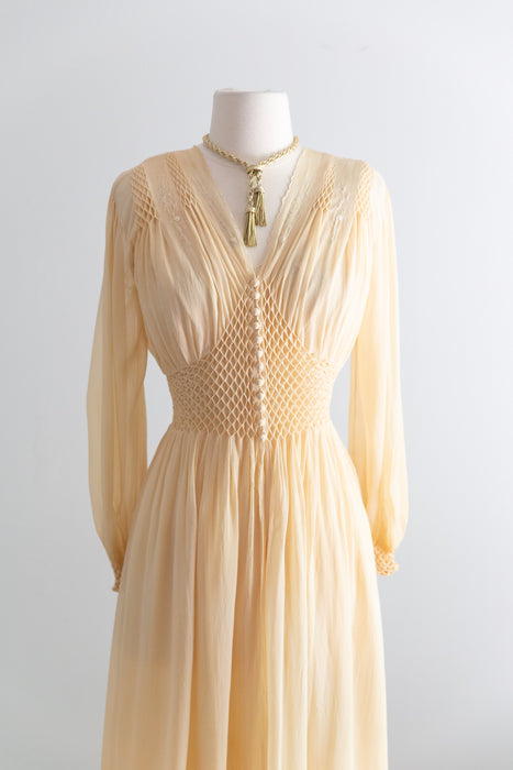 Incredible 1930's Honeycomb Smocked Two Piece Silk Chiffon Peignoir Set / SM