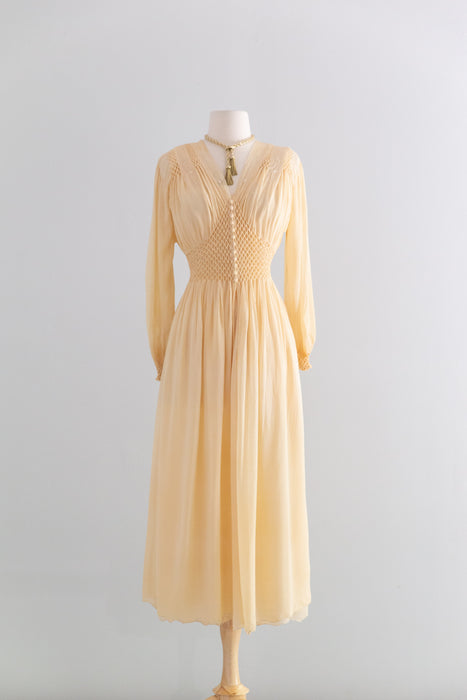Incredible 1930's Honeycomb Smocked Two Piece Silk Chiffon Peignoir Set / SM