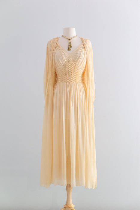 Incredible 1930's Honeycomb Smocked Two Piece Silk Chiffon Peignoir Set / SM