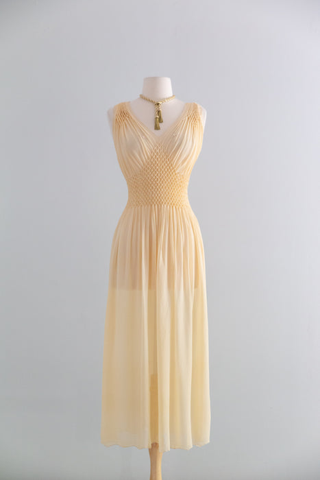 Incredible 1930's Honeycomb Smocked Two Piece Silk Chiffon Peignoir Set / SM