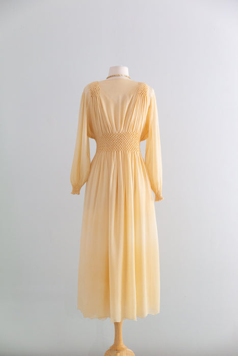 Incredible 1930's Honeycomb Smocked Two Piece Silk Chiffon Peignoir Set / SM