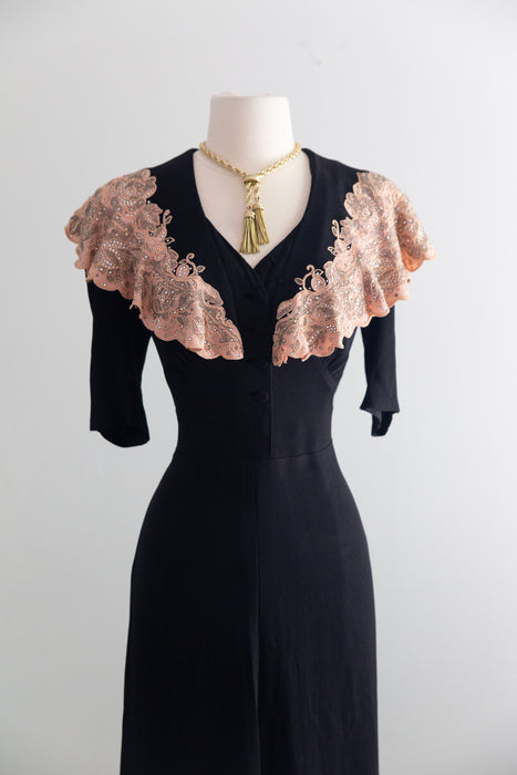 Stunning 1940s Evening Dress With Lavishly Beaded Blush Pink Cape Collar / M