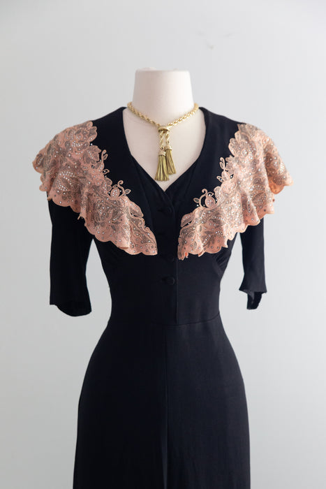 Stunning 1940s Evening Dress With Lavishly Beaded Blush Pink Cape Collar / M