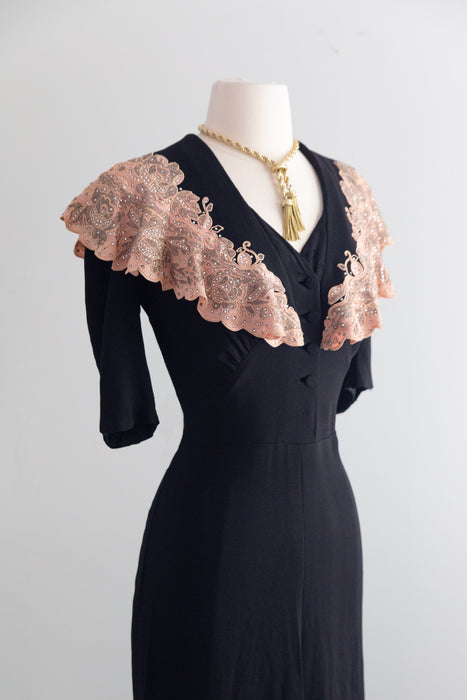 Stunning 1940s Evening Dress With Lavishly Beaded Blush Pink Cape Collar / M