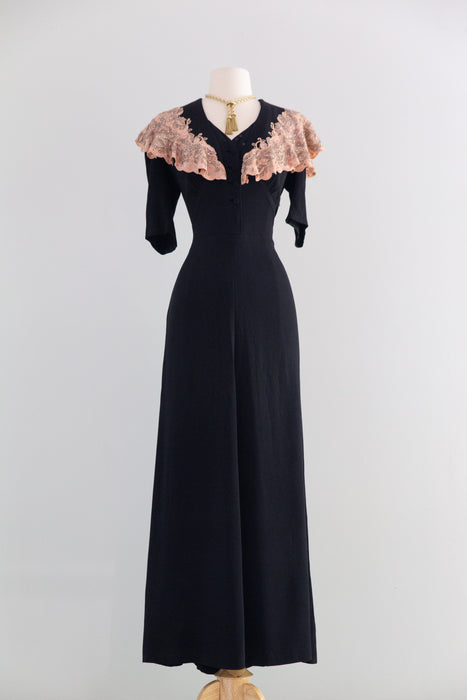 Stunning 1940s Evening Dress With Lavishly Beaded Blush Pink Cape Collar / M
