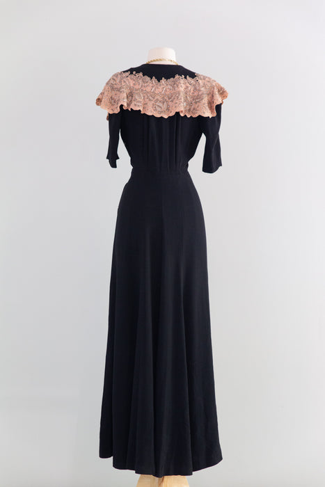 Stunning 1940s Evening Dress With Lavishly Beaded Blush Pink Cape Collar / M