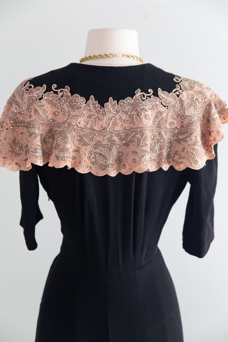 Stunning 1940s Evening Dress With Lavishly Beaded Blush Pink Cape Collar / M