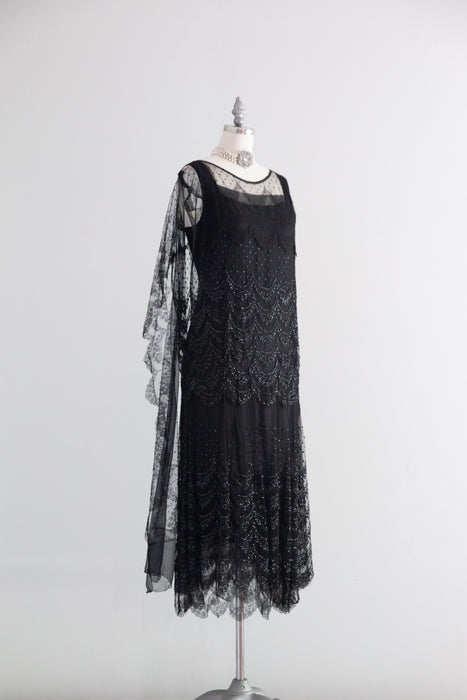 Elegant 1920's Chanel Inspired Black Lace Flapper Dress With Sequins / SM