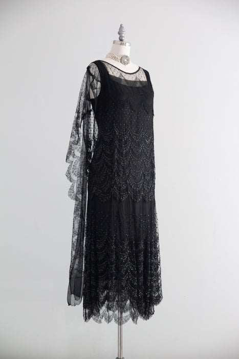 Elegant 1920's Chanel Inspired Black Lace Flapper Dress With Sequins / SM