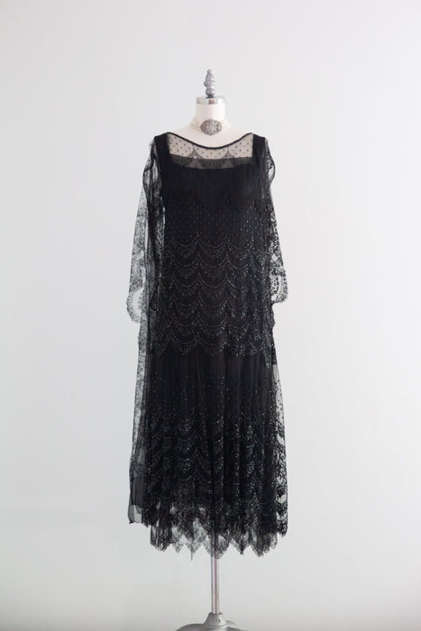 Elegant 1920's Chanel Inspired Black Lace Flapper Dress With Sequins / SM