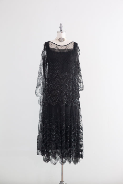 Elegant 1920's Chanel Inspired Black Lace Flapper Dress With Sequins / SM
