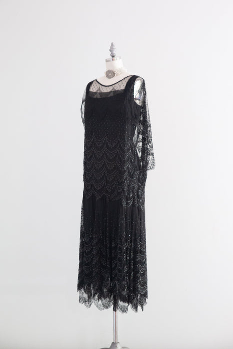 Elegant 1920's Chanel Inspired Black Lace Flapper Dress With Sequins / SM