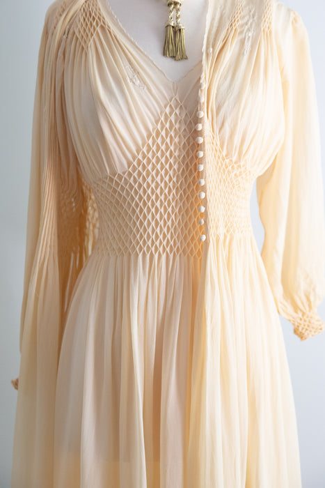 Incredible 1930's Honeycomb Smocked Two Piece Silk Chiffon Peignoir Set / SM