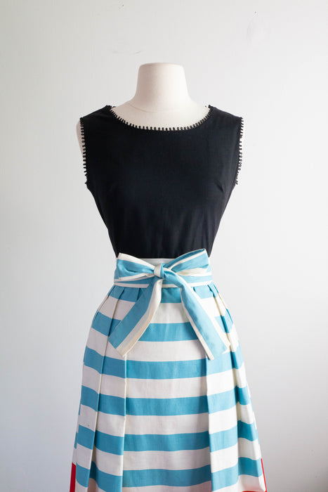 Wonderful 1960's Cotton Dress With Bold Border Print Skirt / Small