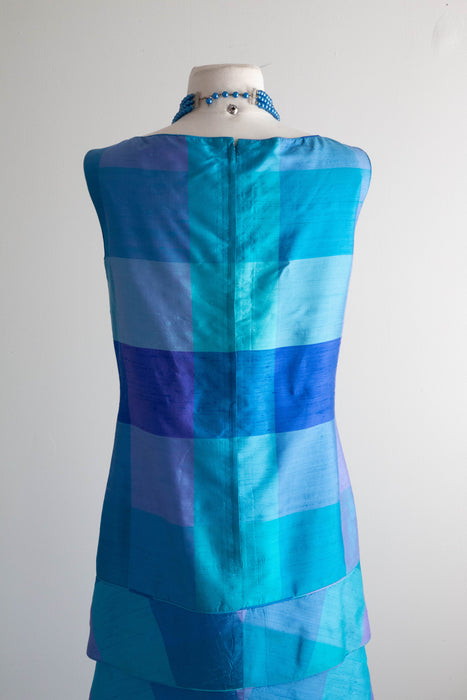 Chic 1960's Blue Plaid Thai Silk Shift Dress / SM