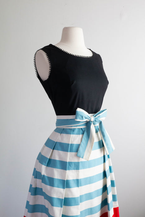 Wonderful 1960's Cotton Dress With Bold Border Print Skirt / Small