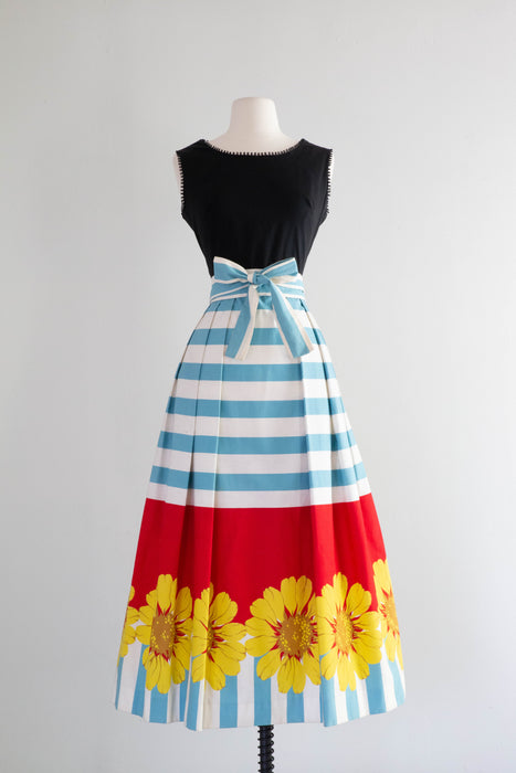 Wonderful 1960's Cotton Dress With Bold Border Print Skirt / Small