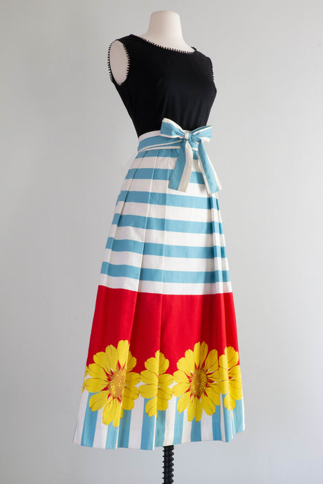 Wonderful 1960's Cotton Dress With Bold Border Print Skirt / Small