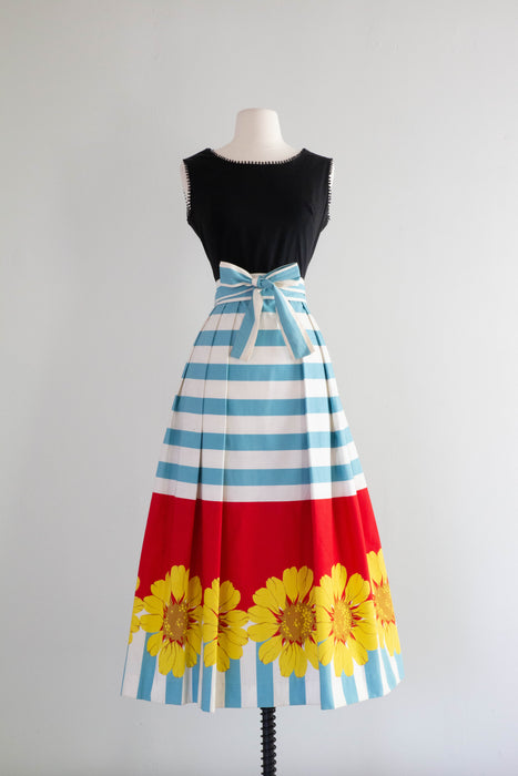 Wonderful 1960's Cotton Dress With Bold Border Print Skirt / Small