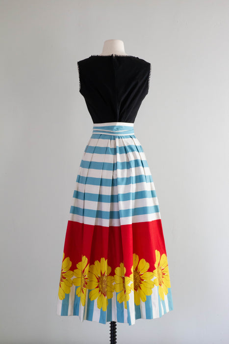 Wonderful 1960's Cotton Dress With Bold Border Print Skirt / Small