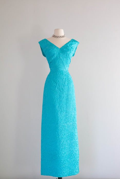 Sensational 1960's Brilliant Turquoise Brocade Evening Gown by Lilli 💎 Diamond / ML