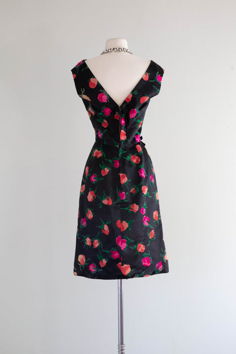 Elegant 1950's Black Silk Floral Print Cocktail Dress / Small