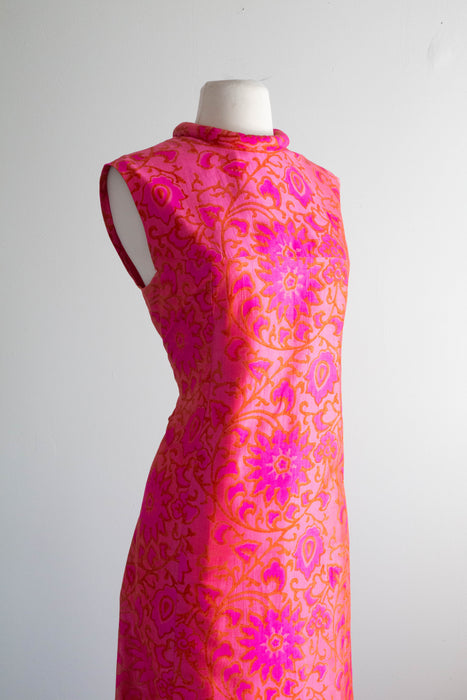 Brilliant HOT PINK 1960's Indian Block Print Silk MAXI Gown / Medium