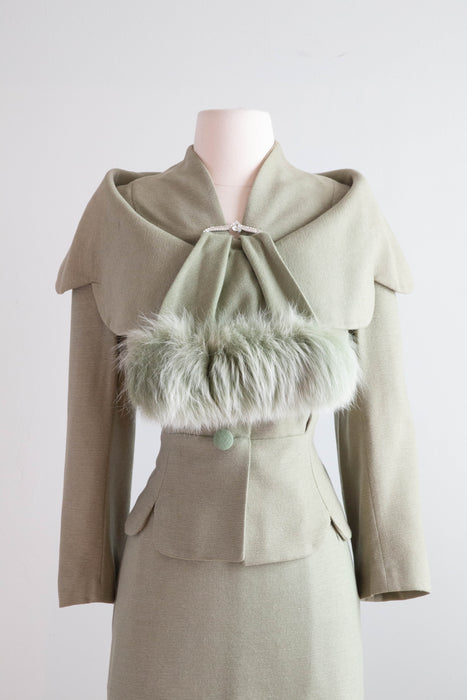 Sublime 1950's Lilli Ann Pistachio Glamour Suit With Fur & Rhinestone Accent / Medium