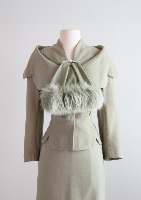 Sublime 1950's Lilli Ann Pistachio Glamour Suit With Fur & Rhinestone Accent / Medium